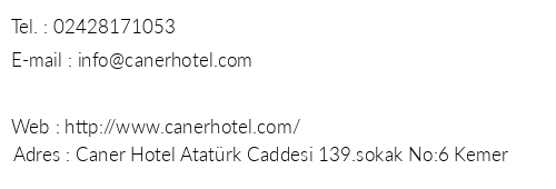Caner Hotel telefon numaralar, faks, e-mail, posta adresi ve iletiim bilgileri